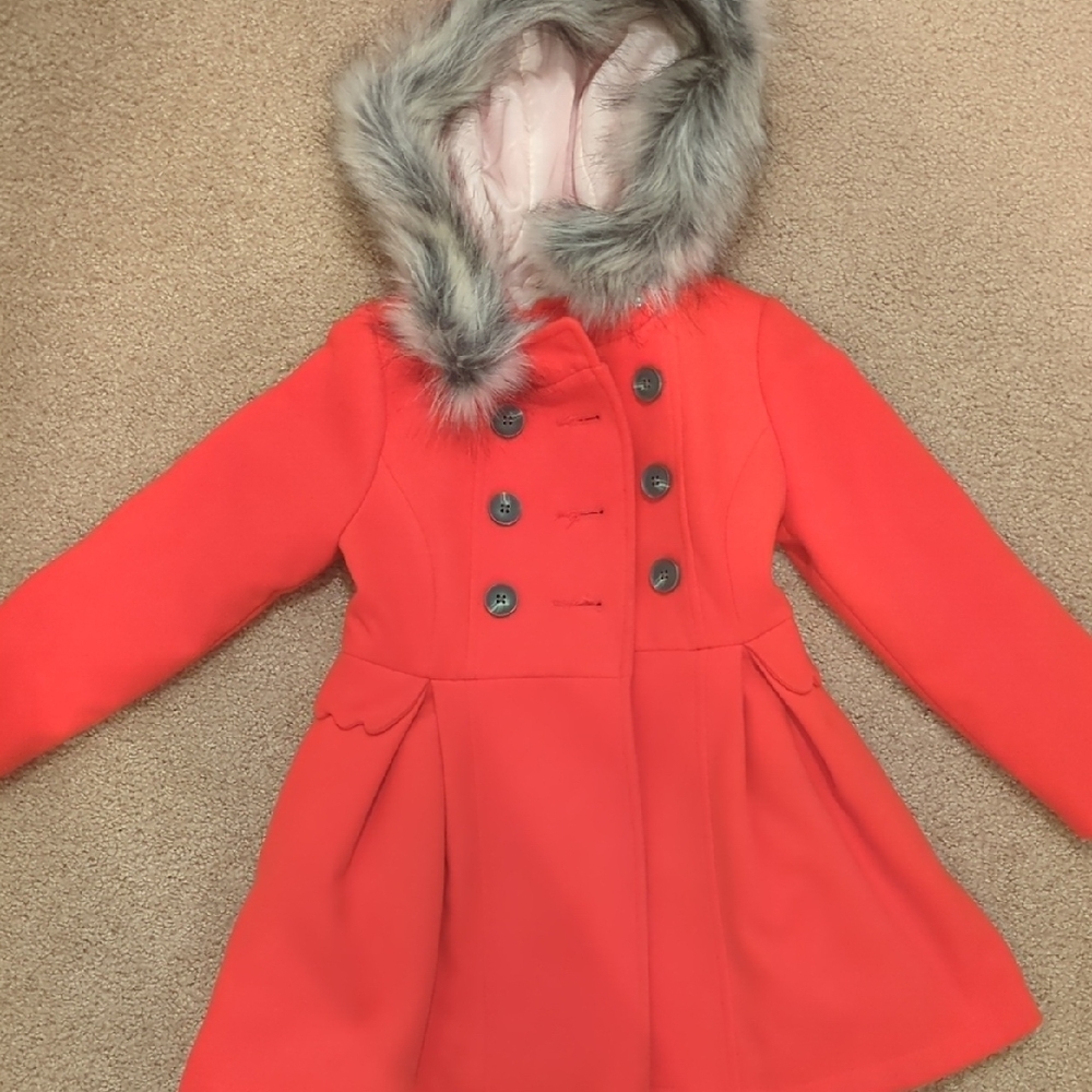 Cat & Jack Reddish Orange Pea Coat with Faux Fur Trim